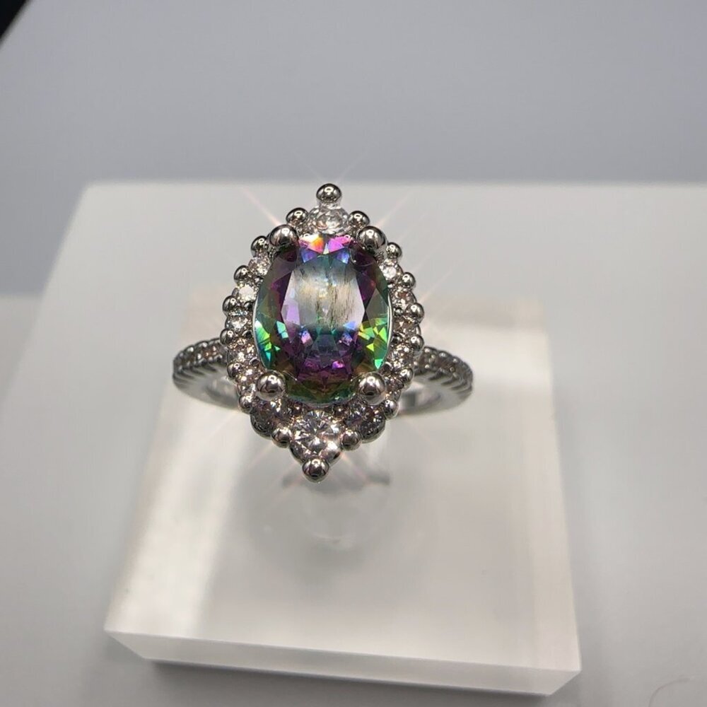 Rainbow Zircon Teardrop Halo Ring With Silvertone Band - Picture 2 of 7
